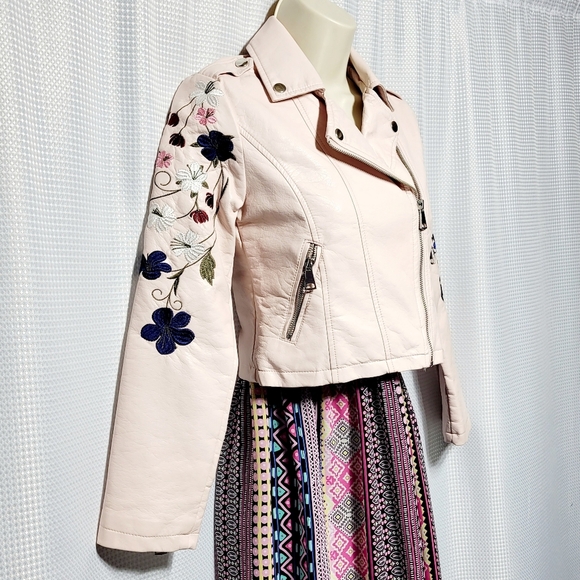 Me Jane Blush Pink Faux Leather Aviator Jacket Floral Embroidered (M/10 Girls) - Picture 2 of 14